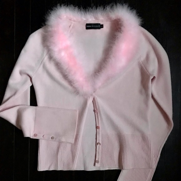 Dana Buchman Sweaters - Vintage 90s Pink Barbie Girl Faux Fur Collar Hologram Button Clueless Cardigan